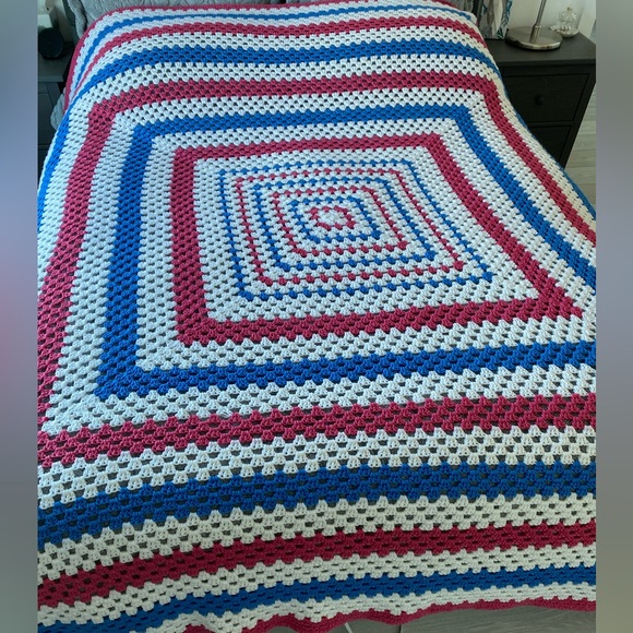Handmade Crochet Blanket in Rose, White, and Blue - Picture 1 of 4
